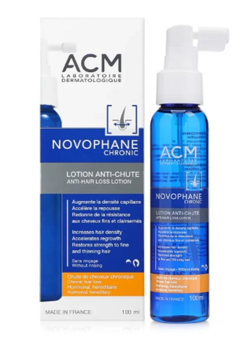 ACM Novofan Chronic Anti-Hair Loss Lotion 100ml stimulates hair growth and strengthens follicles from the roots, reducing hair loss. Original product.
